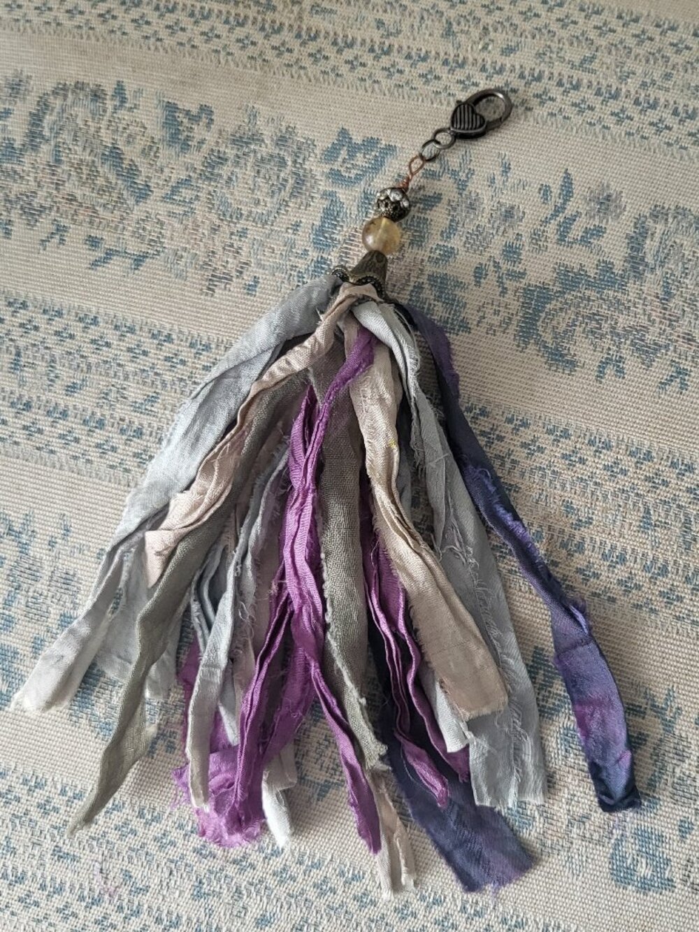 Boho Sari Silk Ribbon Tassel Bag Charm Keychain Journal Dangle Clip Purple